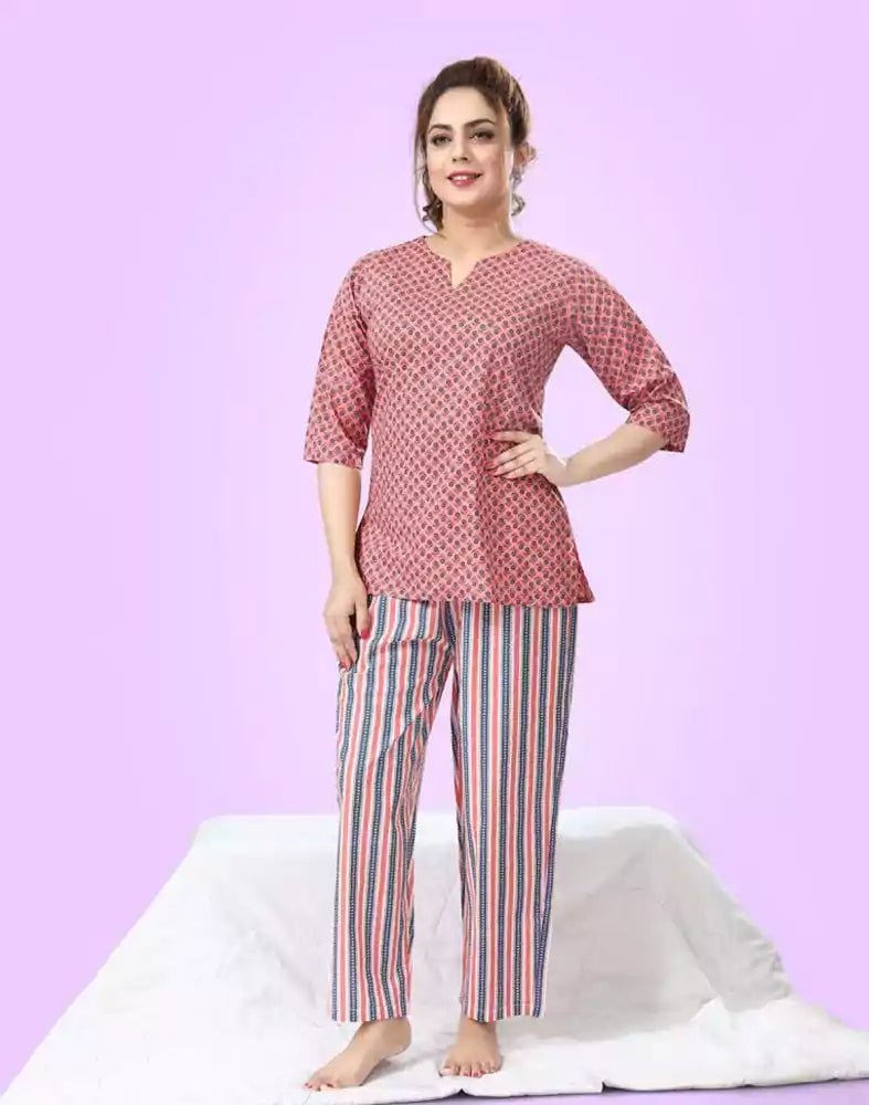 Image of Peach Floral Printed Cotton Night Suit - South India Shopping Mall
