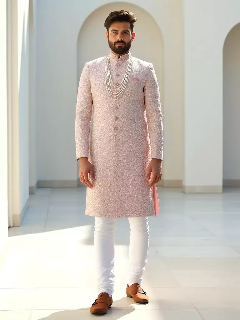 Image of Peach Floral Raw Silk Indo Western with Thread Embroidery - South India Shopping Mall