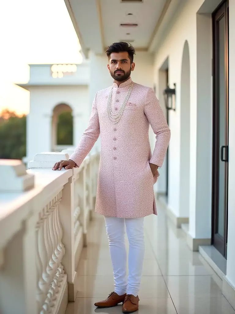 Image of Peach Floral Raw Silk Indo Western with Thread Embroidery - South India Shopping Mall