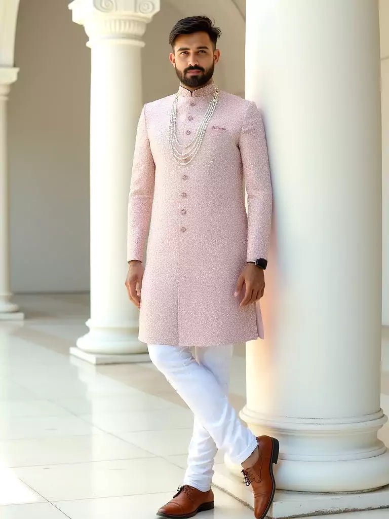 Image of Peach Floral Raw Silk Indo Western with Thread Embroidery - South India Shopping Mall