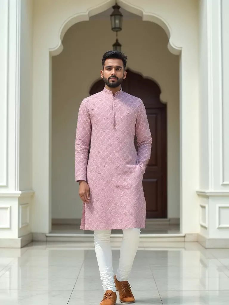 Image of Peach Floral Weaving with Zari Butta's Raw Silk Kurta Pajama - South India Shopping Mall