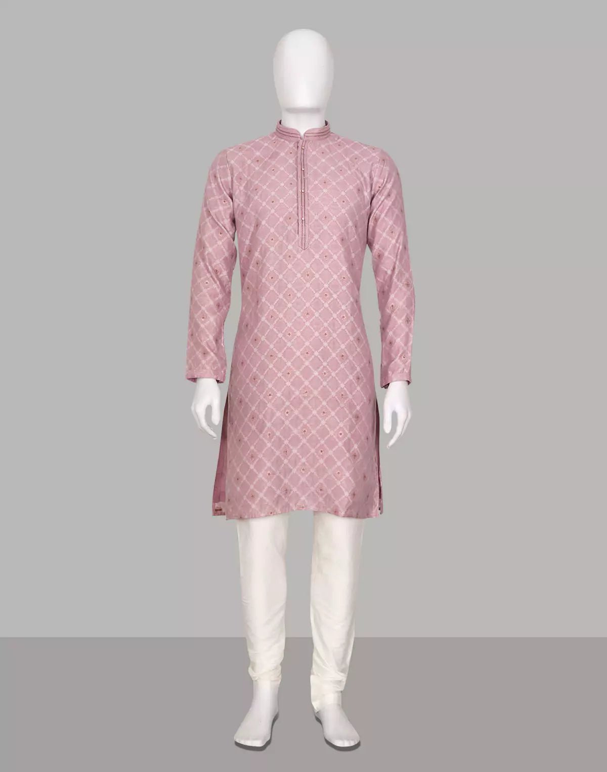 Image of Peach Floral Weaving with Zari Butta's Raw Silk Kurta Pajama - South India Shopping Mall
