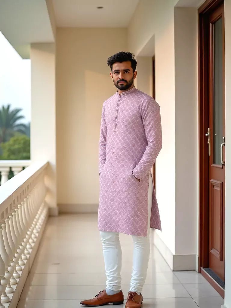Image of Peach Floral Weaving with Zari Butta's Raw Silk Kurta Pajama - South India Shopping Mall