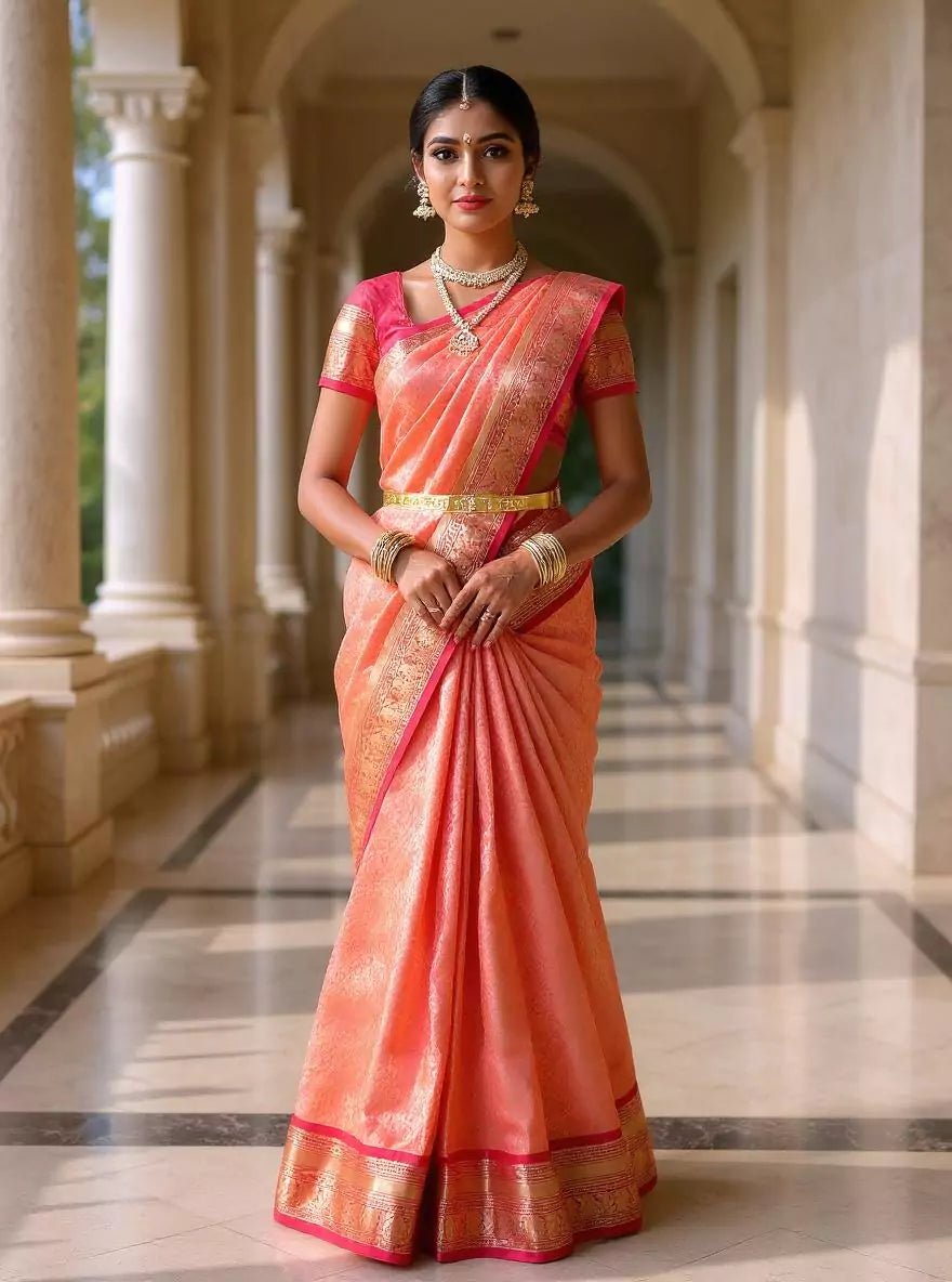 Image of Peach Kanchi Pattu Silk Saree with Golden Zari Work - South India Shopping Mall