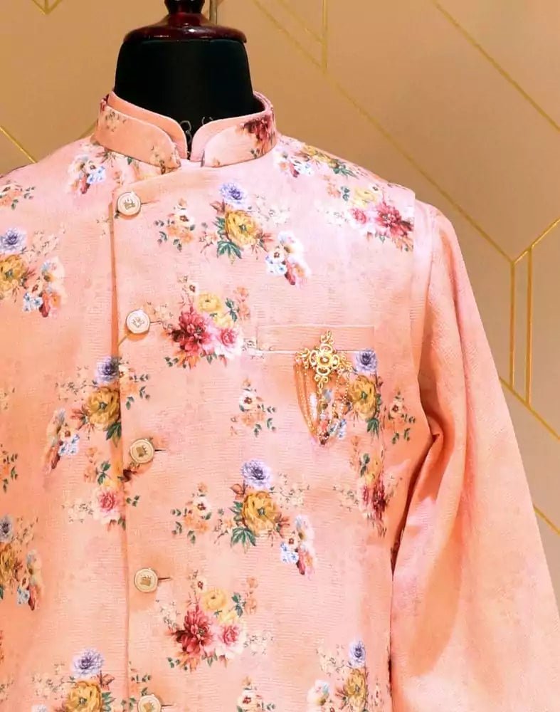 Image of Peach Khadi Silk De Royal Kurta Jacket Set - South India Shopping Mall