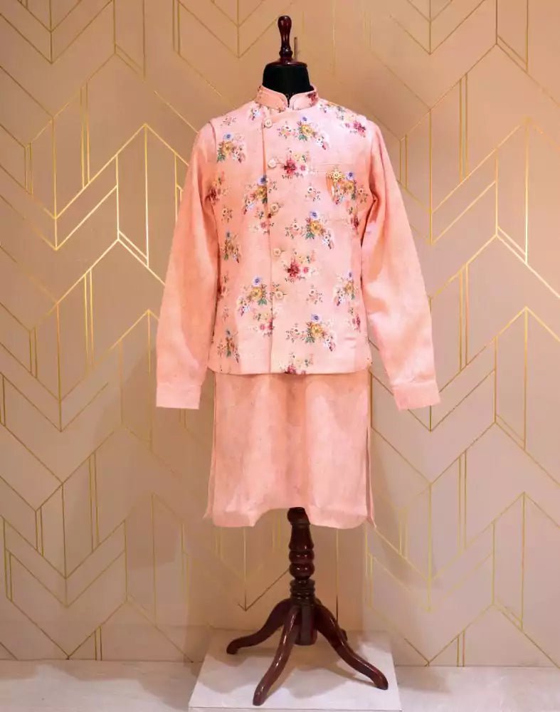 Image of Peach Khadi Silk De Royal Kurta Jacket Set - South India Shopping Mall
