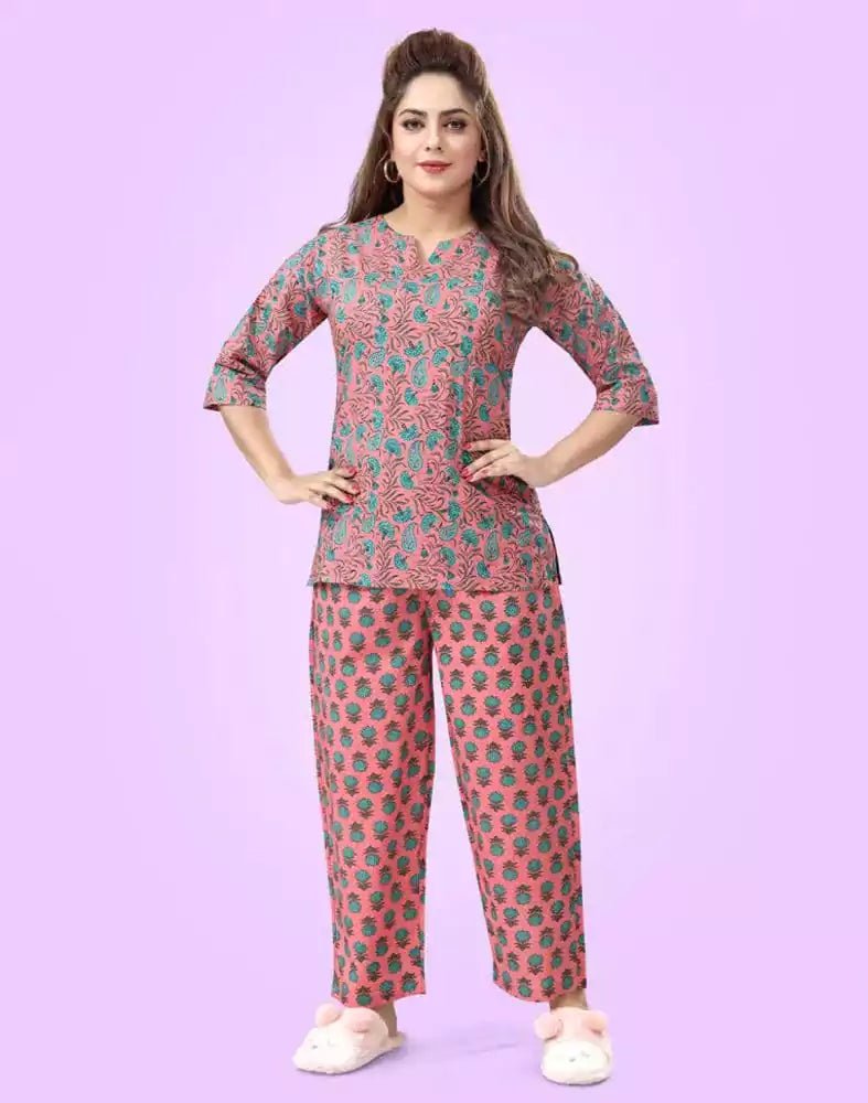 Image of Peach Paisley Printed Night Suit - South India Shopping Mall
