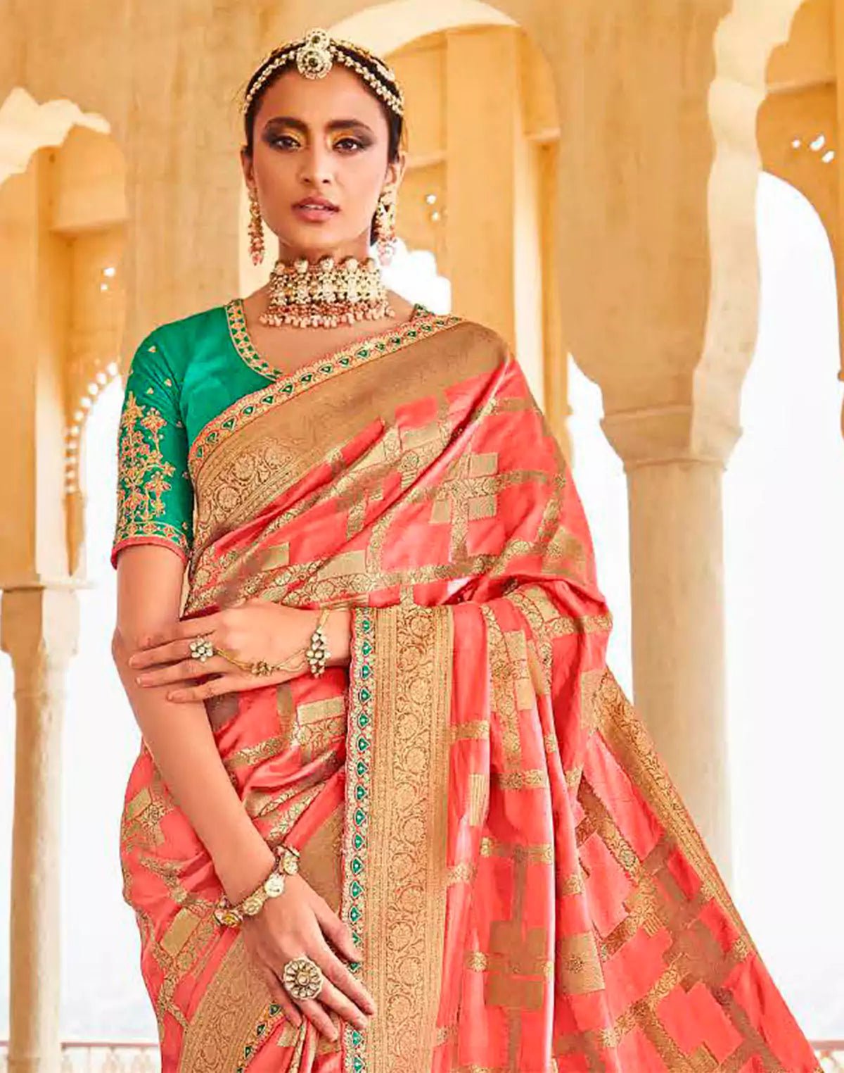 Image of Peach Pure Dola Silk Banarasi Lace Border Saree With Designer Blouse - South India Shopping Mall