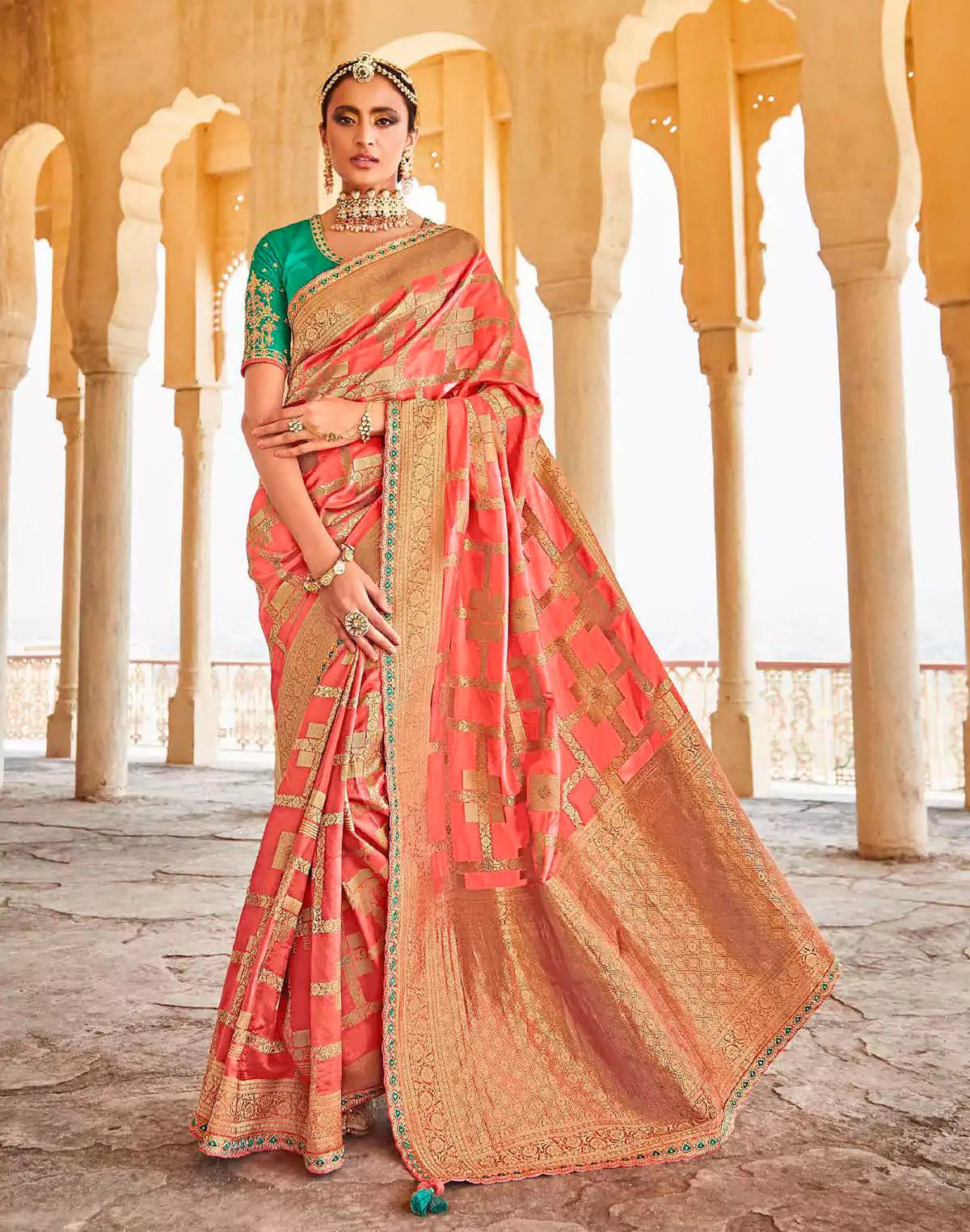 Image of Peach Pure Dola Silk Banarasi Lace Border Saree With Designer Blouse - South India Shopping Mall