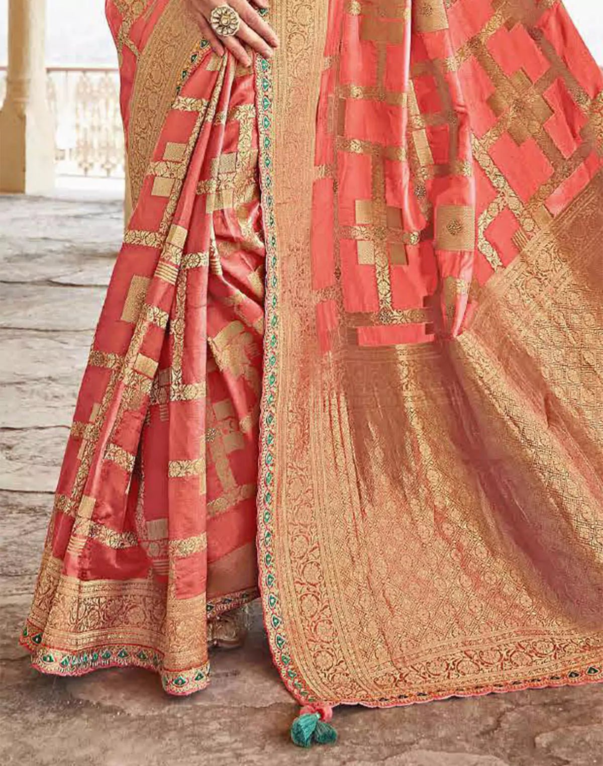 Image of Peach Pure Dola Silk Banarasi Lace Border Saree With Designer Blouse - South India Shopping Mall