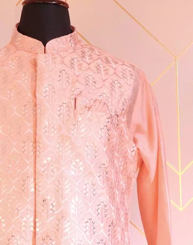 Peach Raw Silk De Royal Kurta Jacket Set - South India Shopping Mall