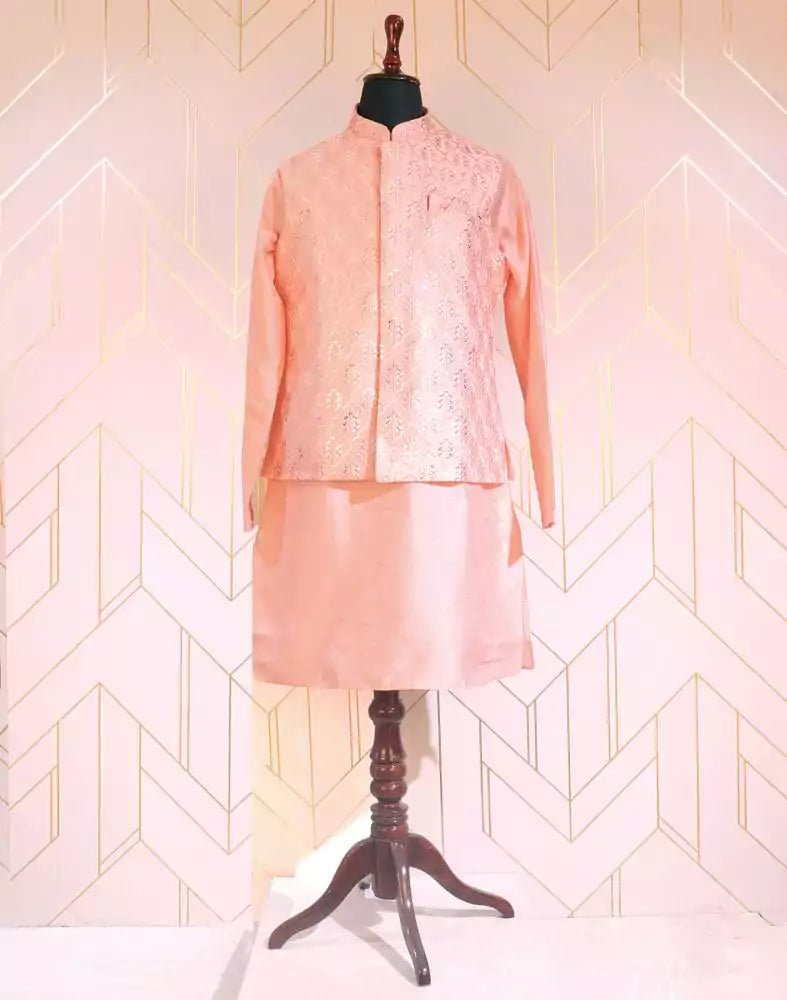 Image of Peach Raw Silk De Royal Kurta Jacket Set - South India Shopping Mall