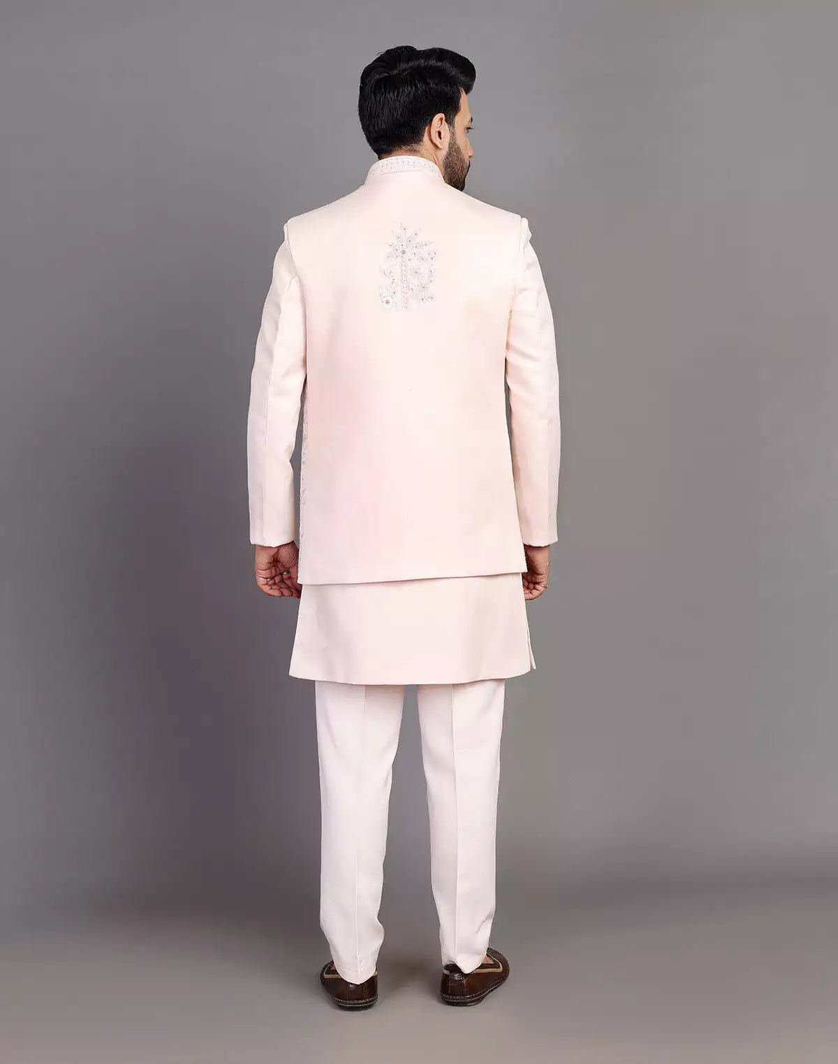 Image of Peach Raw Silk Embroidery Work Indo Open Jacket Set - South India Shopping Mall