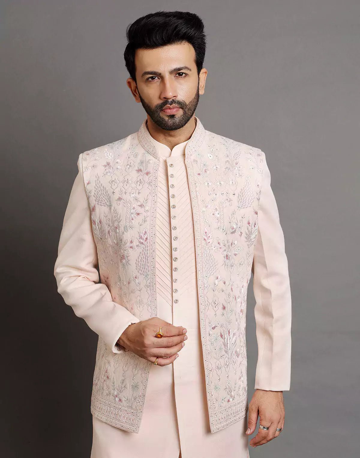 Image of Peach Raw Silk Embroidery Work Indo Open Jacket Set - South India Shopping Mall