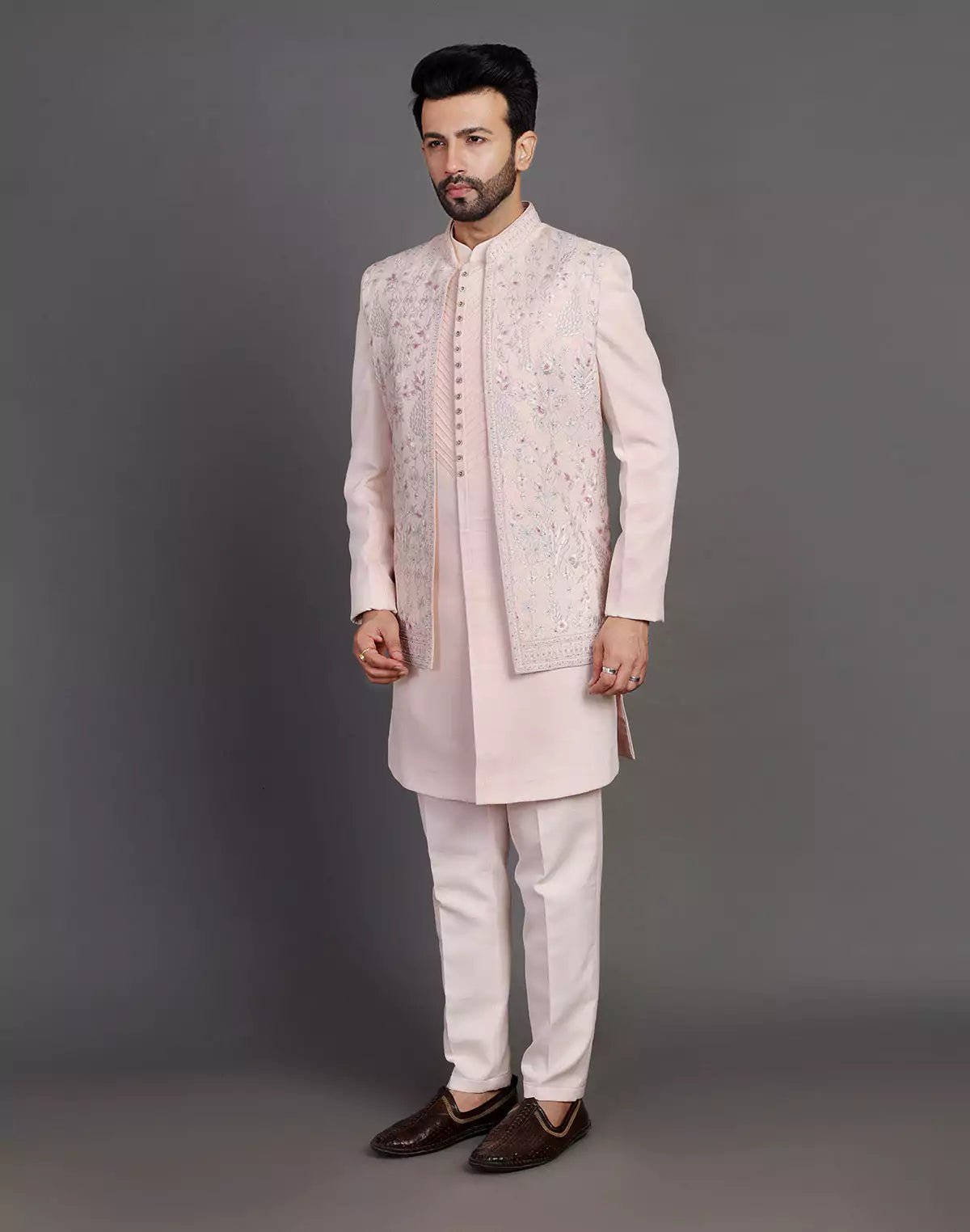 Image of Peach Raw Silk Embroidery Work Indo Open Jacket Set - South India Shopping Mall
