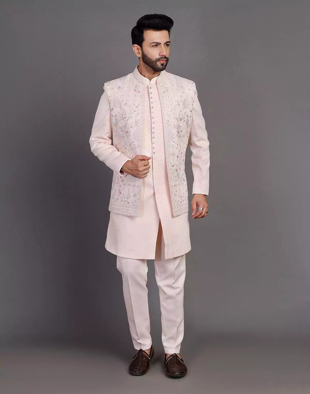 Image of Peach Raw Silk Embroidery Work Indo Open Jacket Set - South India Shopping Mall