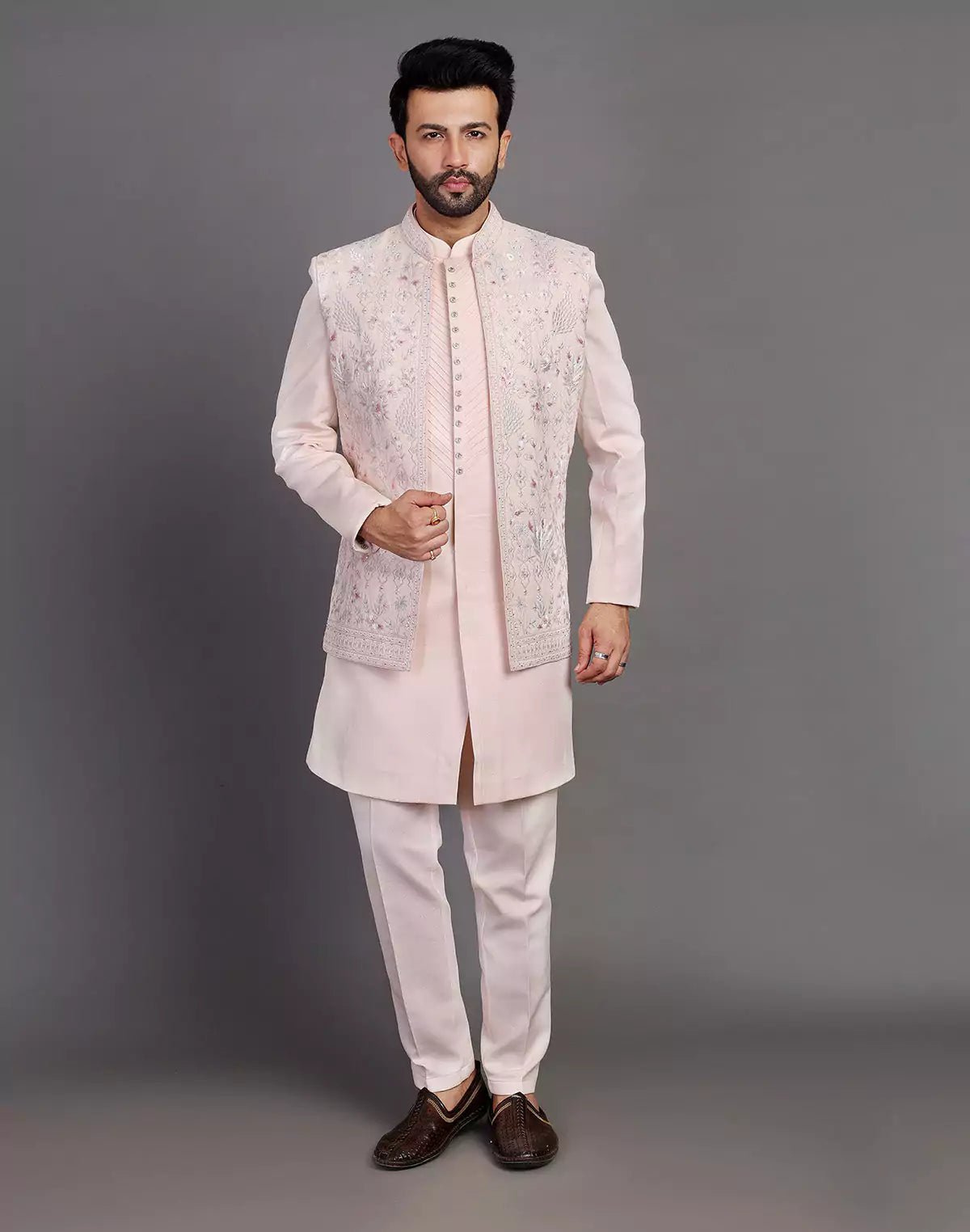 Image of Peach Raw Silk Embroidery Work Indo Open Jacket Set - South India Shopping Mall