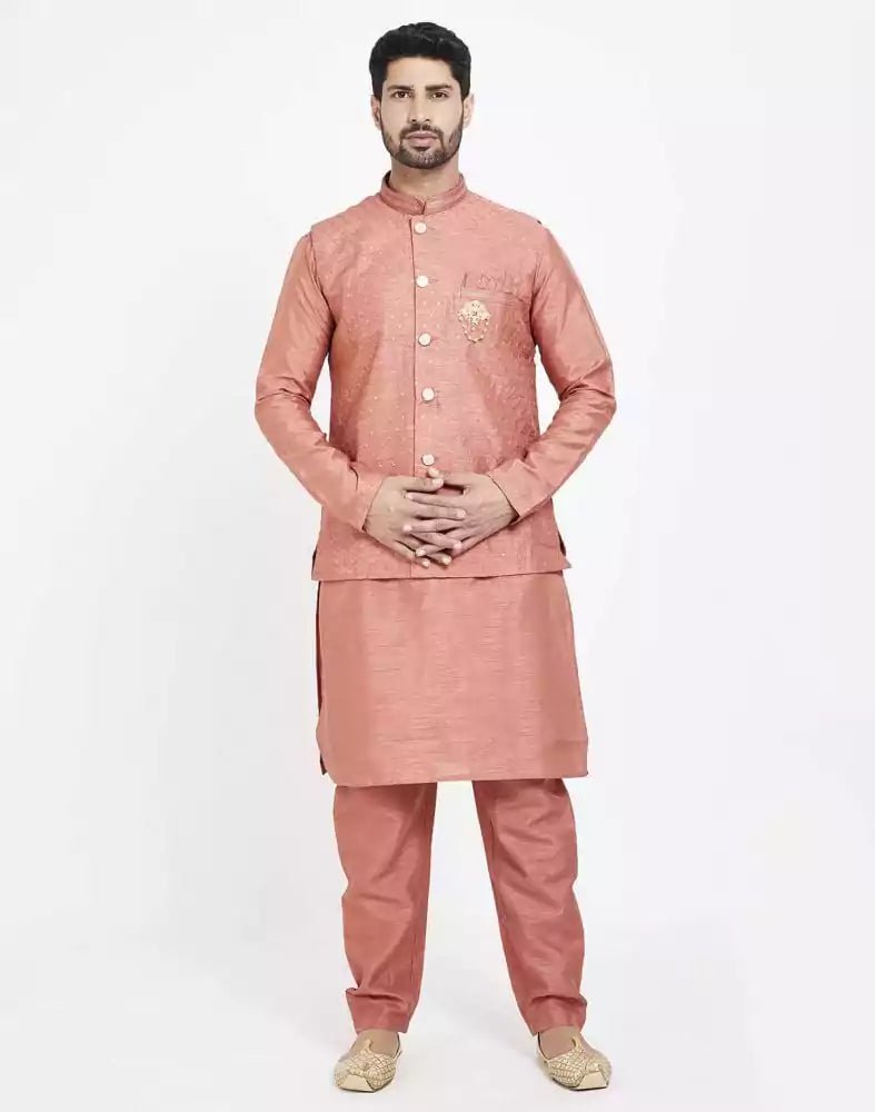 Image of Peach Raw silk Sequence Work Kurta Set - South India Shopping Mall