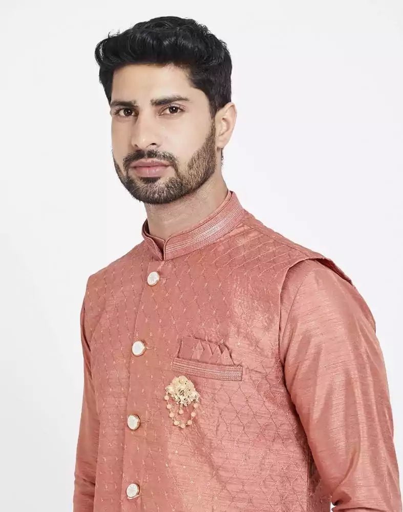 Image of Peach Raw silk Sequence Work Kurta Set - South India Shopping Mall