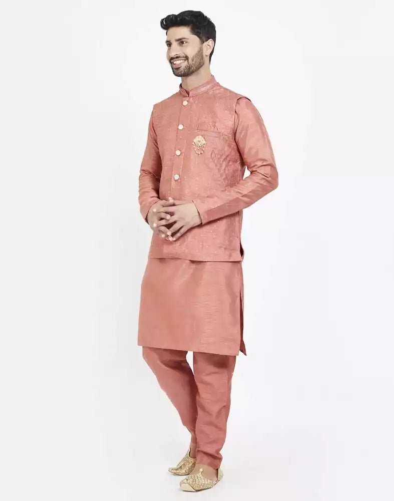 Image of Peach Raw silk Sequence Work Kurta Set - South India Shopping Mall