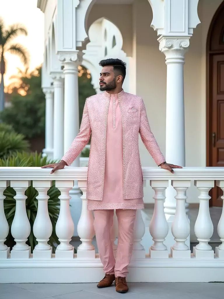 Image of Peach Self Design Polynosic Thread with Mirror work Indo - Open Jacket Set - South India Shopping Mall