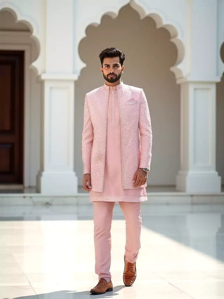 Image of Peach Self Design Polynosic Thread with Mirror work Indo - Open Jacket Set - South India Shopping Mall