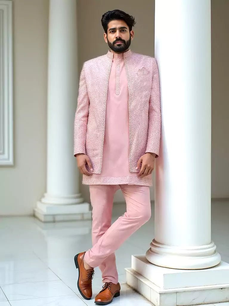 Image of Peach Self Design Polynosic Thread with Mirror work Indo - Open Jacket Set - South India Shopping Mall