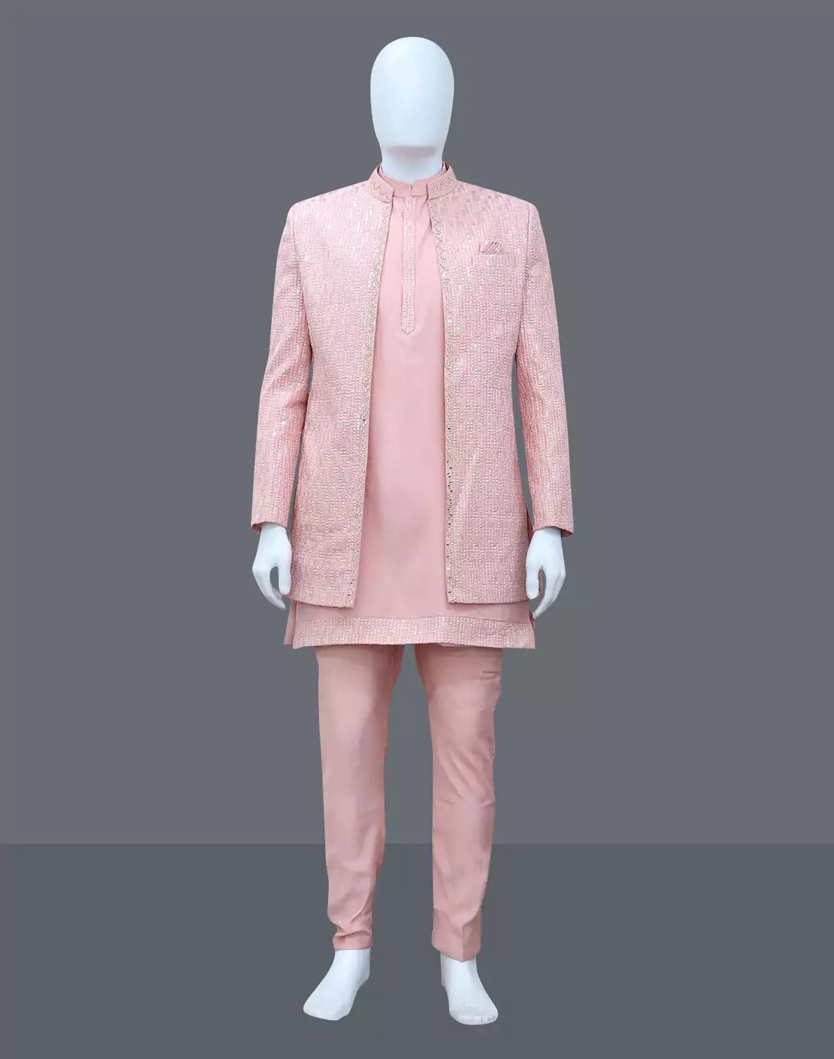 Image of Peach Self Design Polynosic Thread with Mirror work Indo - Open Jacket Set - South India Shopping Mall