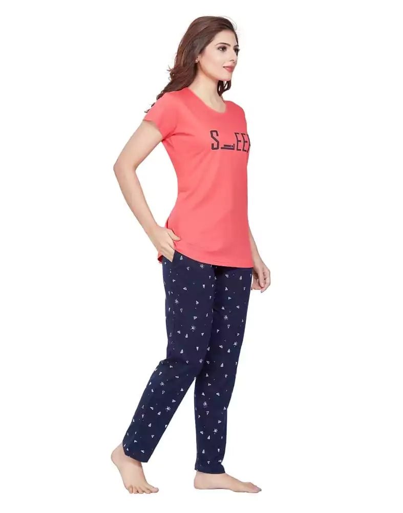 Image of Peach Typography Cotton Printed Night Wear - South India Shopping Mall