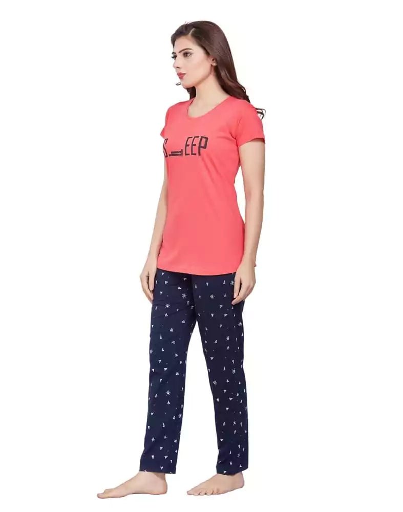 Image of Peach Typography Cotton Printed Night Wear - South India Shopping Mall