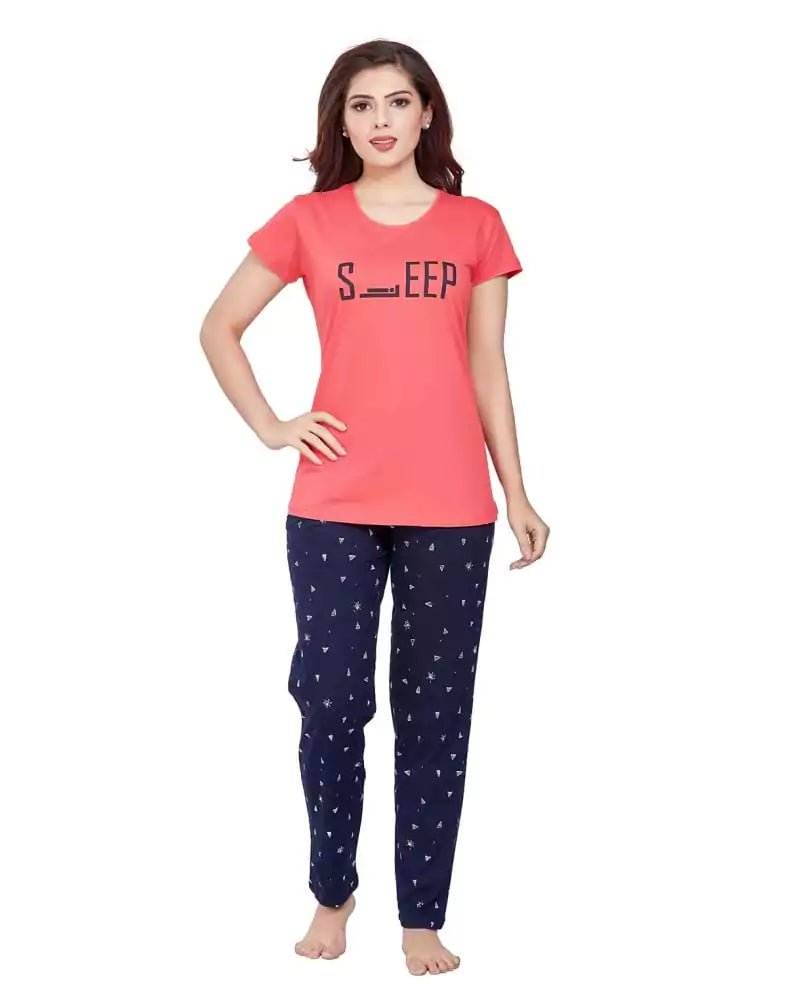 Image of Peach Typography Cotton Printed Night Wear - South India Shopping Mall