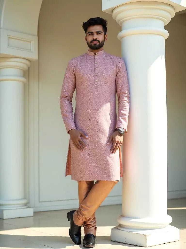 Image of Peach Woven Design Jacquard Kurta with Pyjamas - South India Shopping Mall