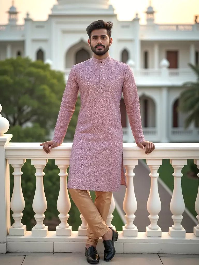 Image of Peach Woven Design Jacquard Kurta with Pyjamas - South India Shopping Mall