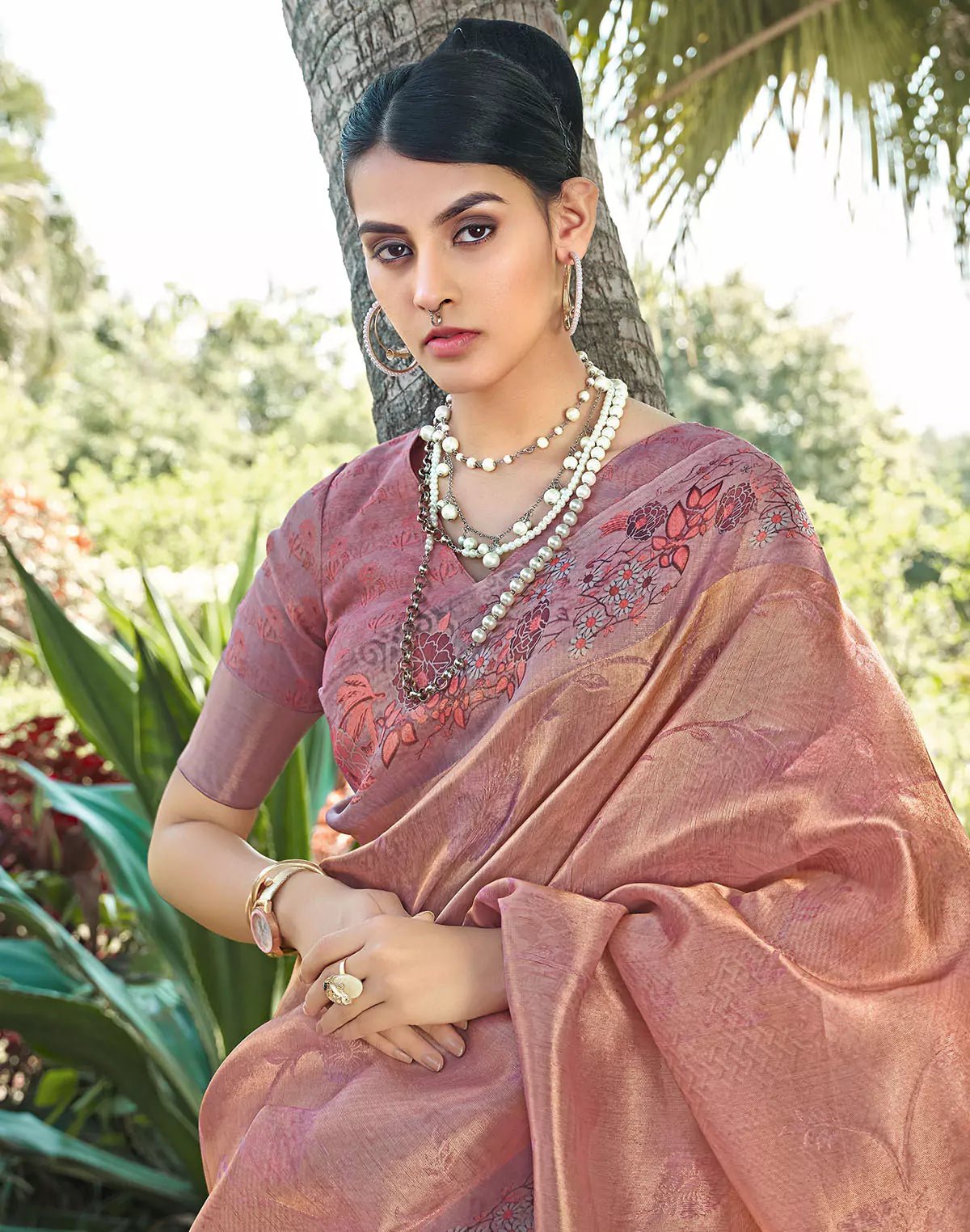 Image of Peachmode Tissue Fabric Saree with Floral Border - South India Shopping Mall
