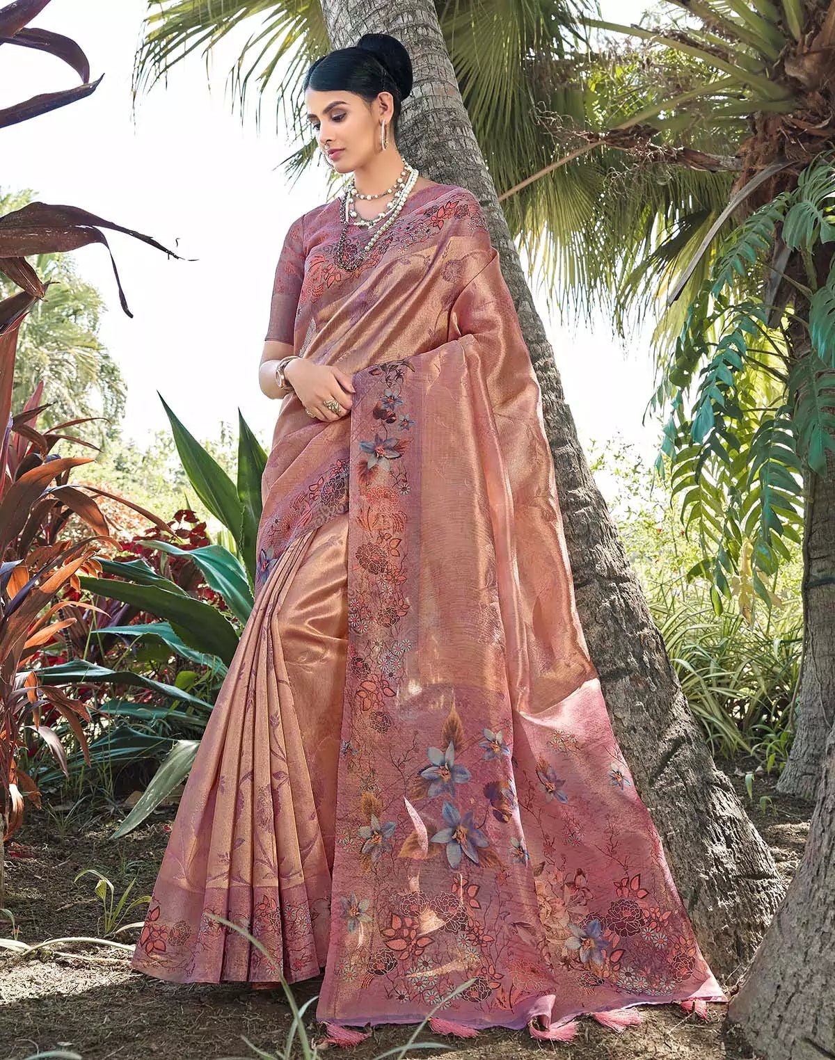 Image of Peachmode Tissue Fabric Saree with Floral Border - South India Shopping Mall