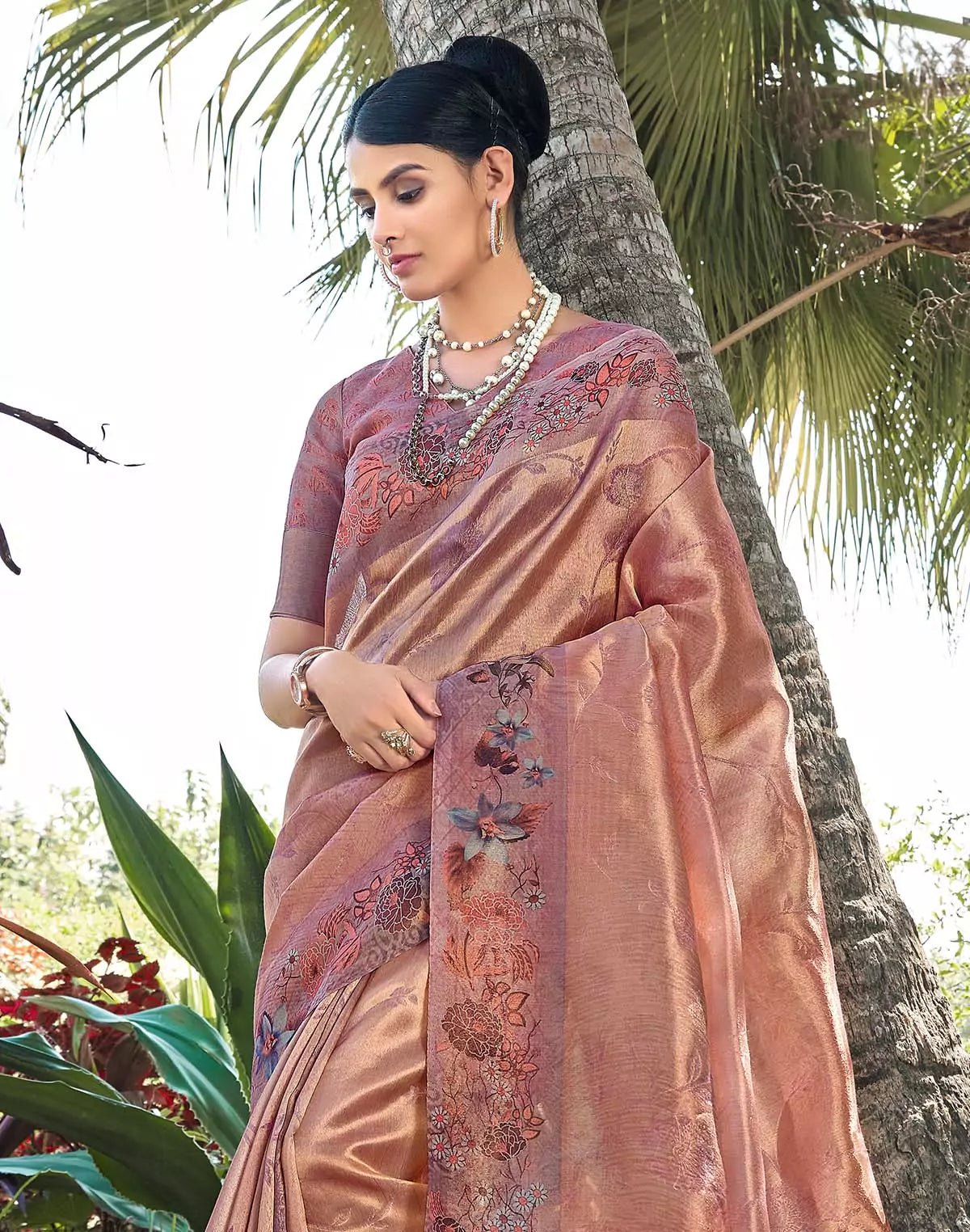 Image of Peachmode Tissue Fabric Saree with Floral Border - South India Shopping Mall