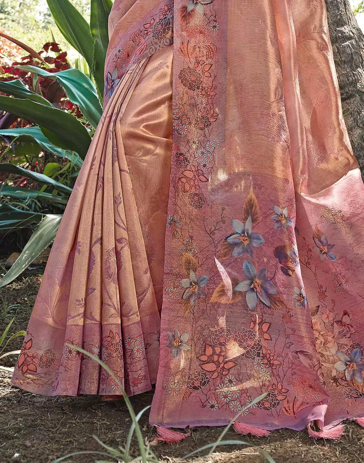 Image of Peachmode Tissue Fabric Saree with Floral Border - South India Shopping Mall