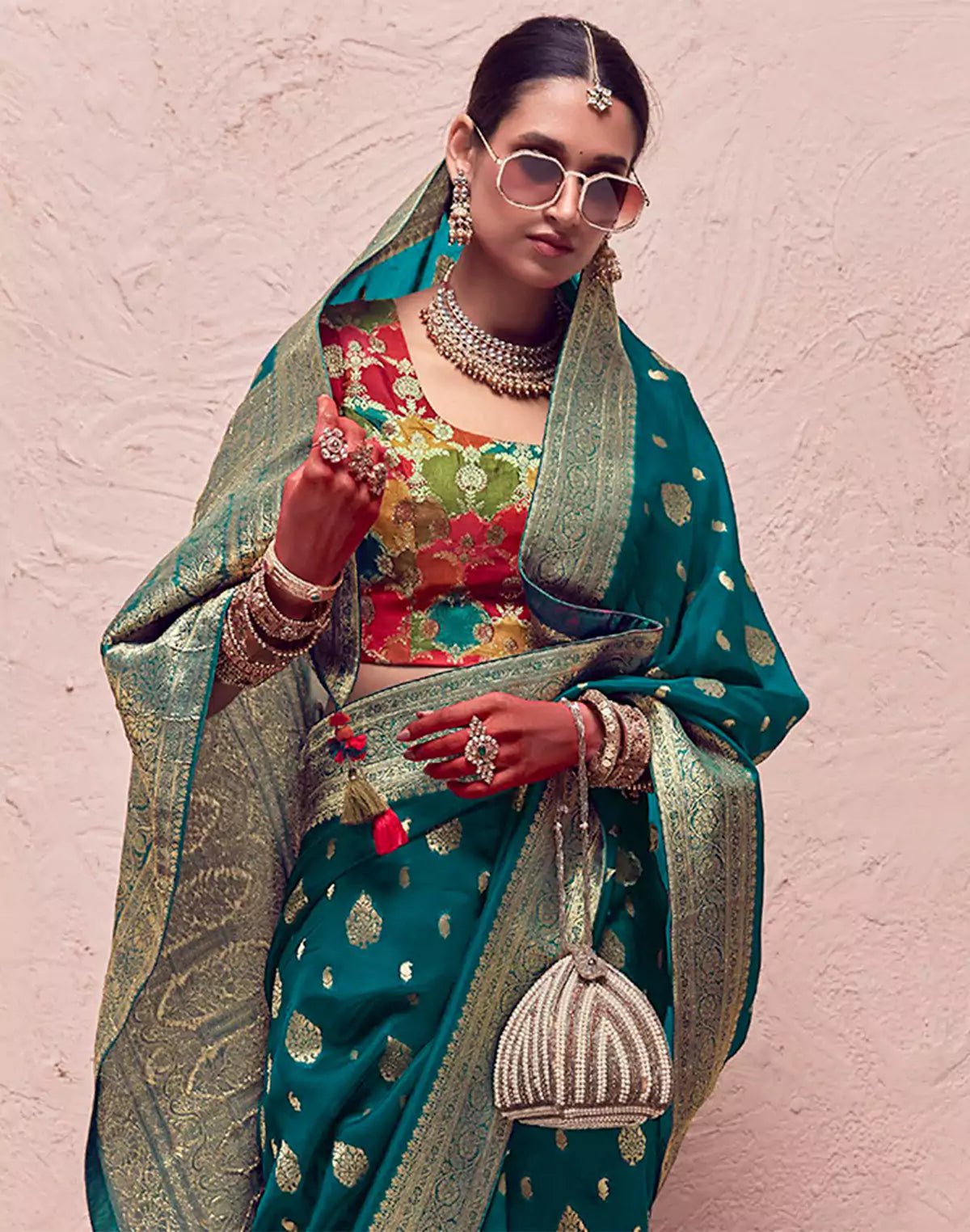 Peacock Blue Banarasi Crepe Dola Silk Saree With Designer Blouse - South India Shopping Mall