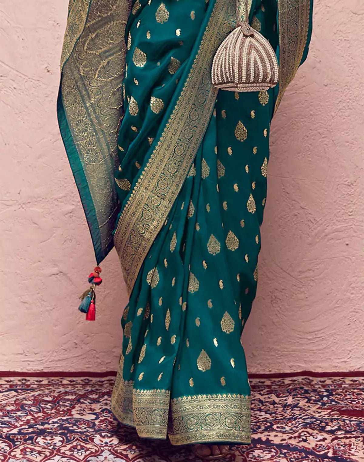 Peacock Blue Banarasi Crepe Dola Silk Saree With Designer Blouse - South India Shopping Mall