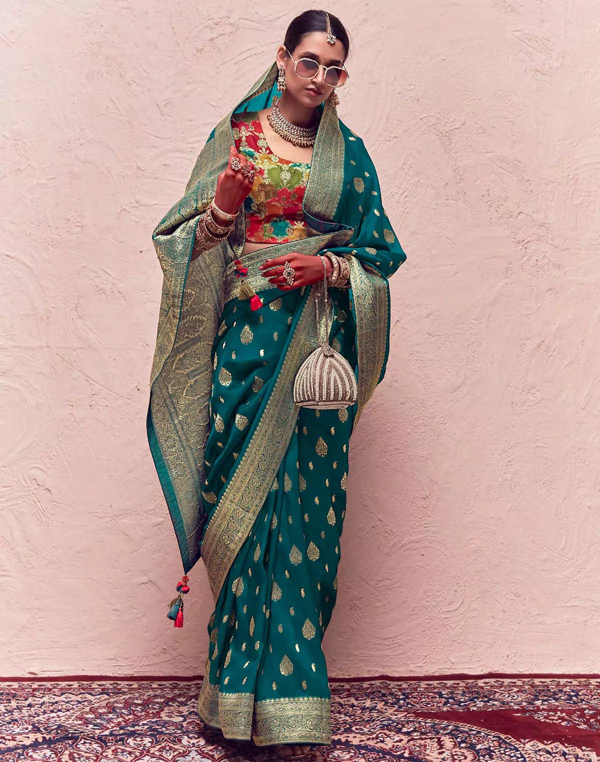 Image of Peacock Blue Banarasi Crepe Dola Silk Saree With Designer Blouse - South India Shopping Mall