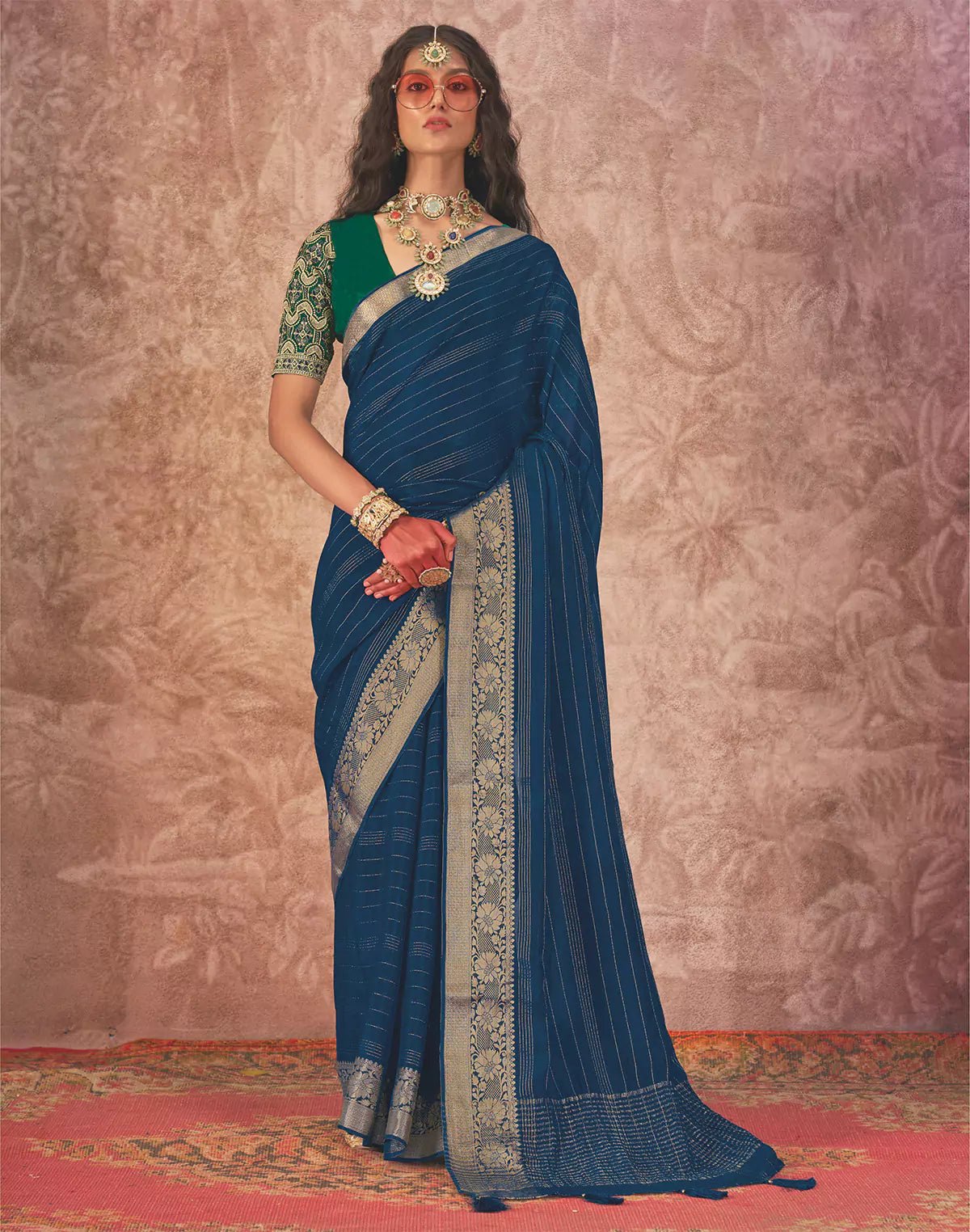 Image of Peacock Blue Chiffon Party Wear Saree and Embroidery work Blouse - South India Shopping Mall