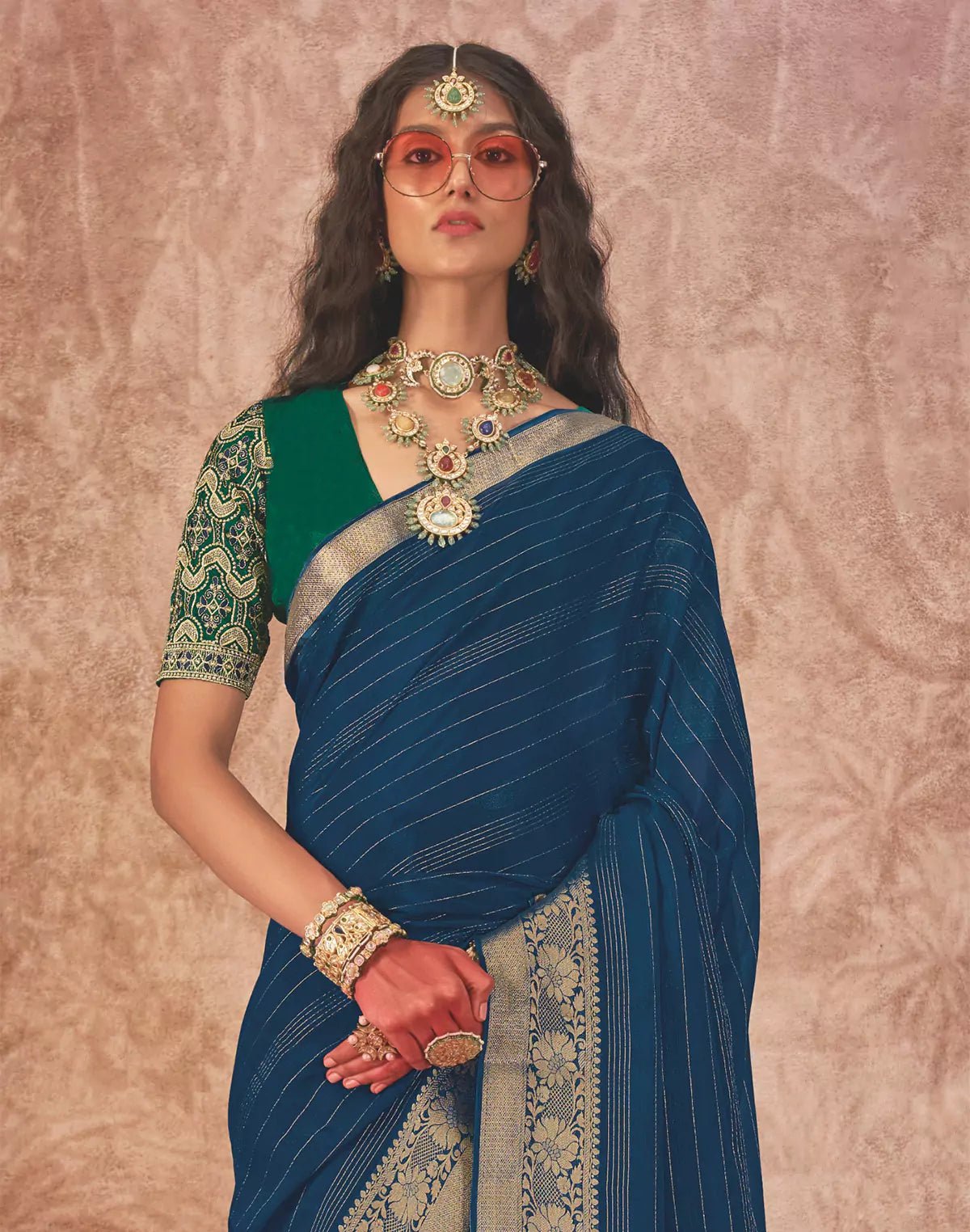 Peacock Blue Chiffon Party Wear Saree and Embroidery work Blouse - South India Shopping Mall