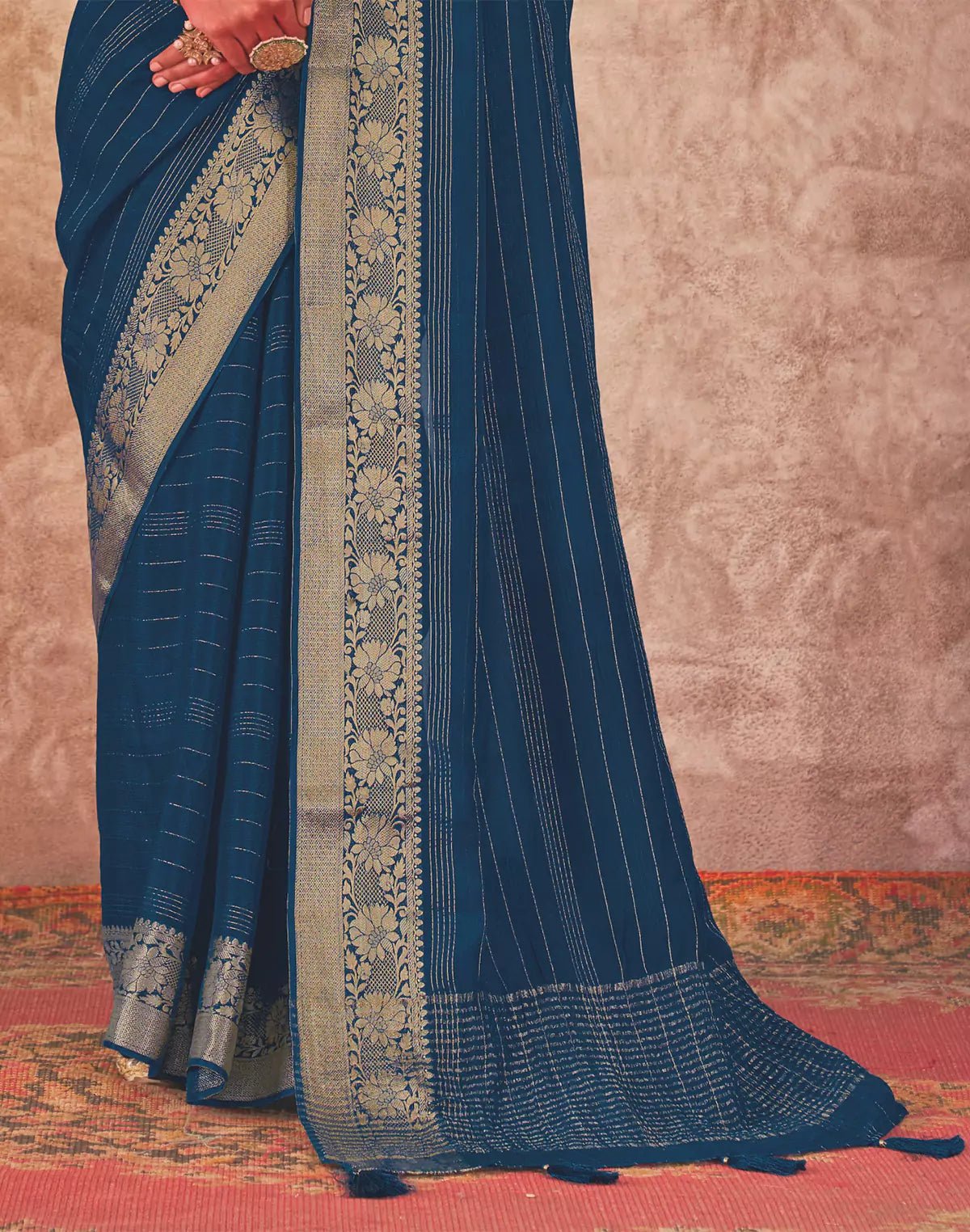 Image of Peacock Blue Chiffon Party Wear Saree and Embroidery work Blouse - South India Shopping Mall