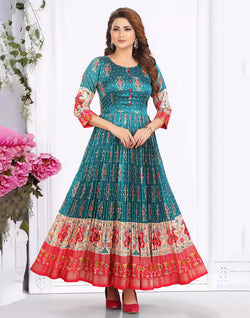 Peacock Blue Cotton Silk Ikat Print Designer Kurti – South India