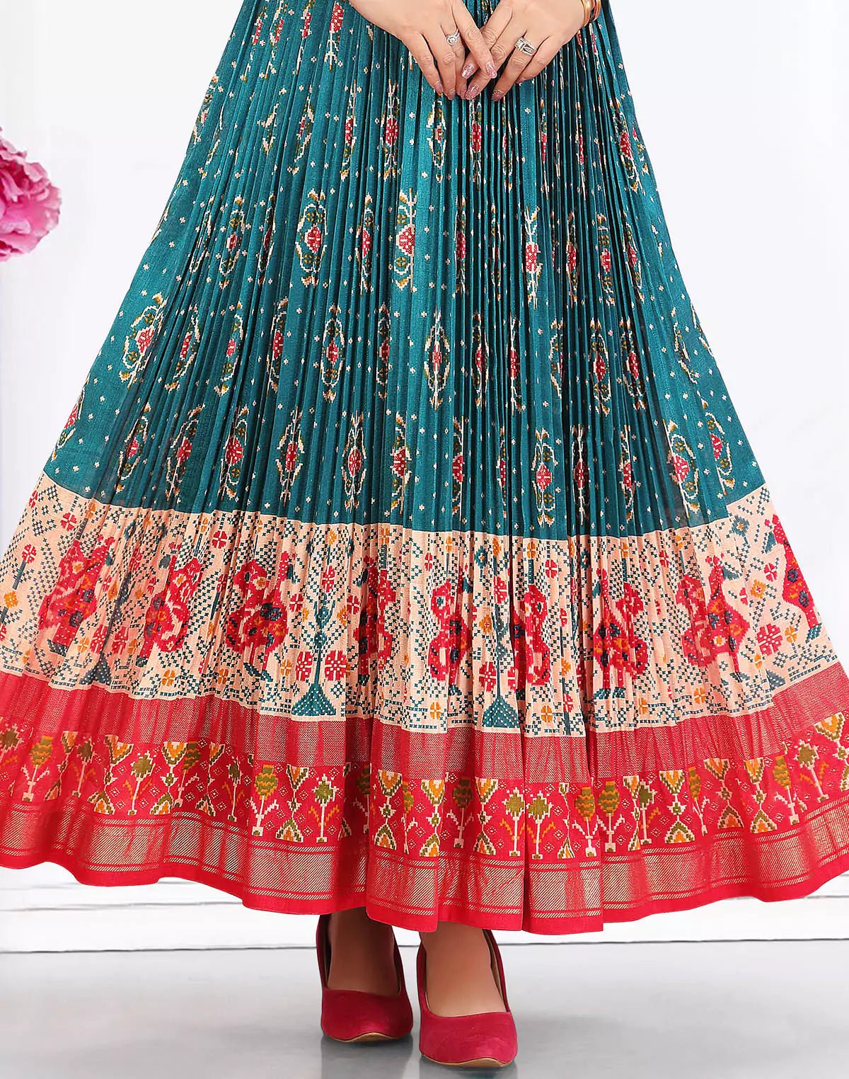 Image of Peacock Blue Cotton Silk Ikat Print Designer Kurti - South India Shopping Mall