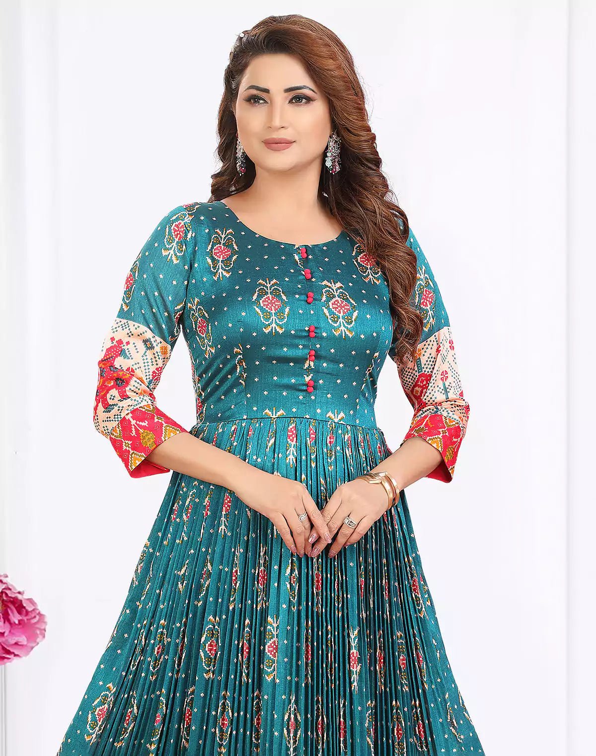 Image of Peacock Blue Cotton Silk Ikat Print Designer Kurti - South India Shopping Mall