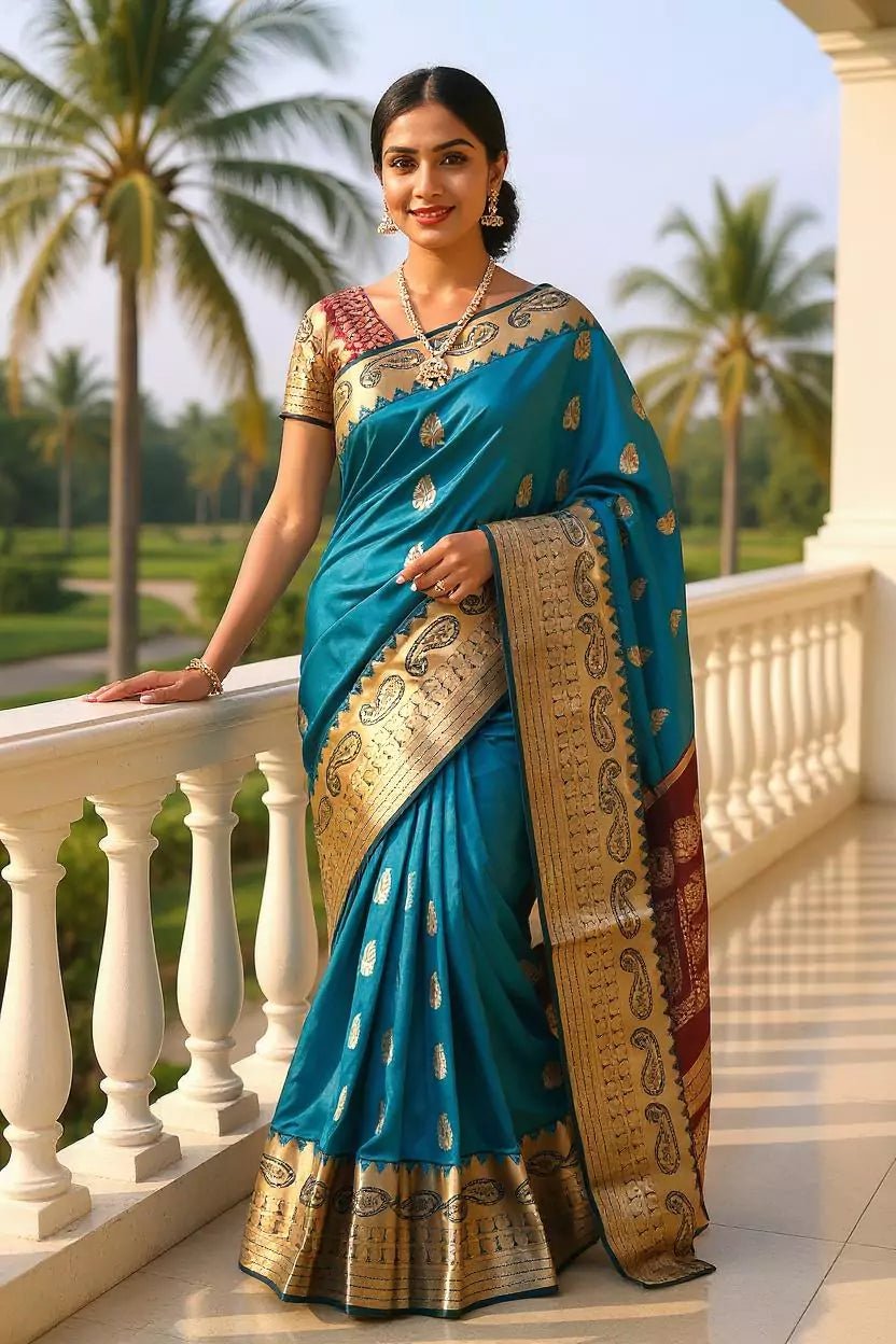 Image of Peacock Blue Floral Bunches Kanchi Soft Silk Saree - South India Shopping Mall