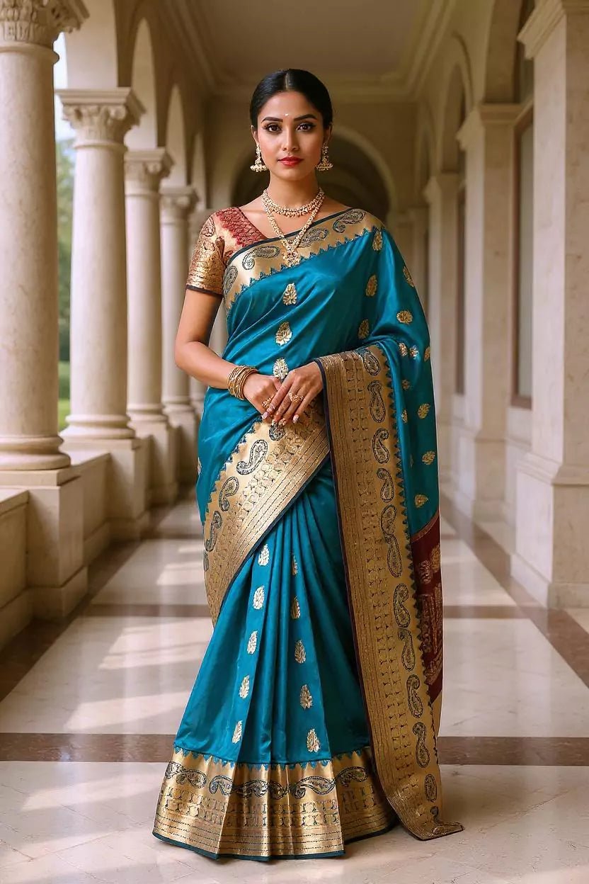 Image of Peacock Blue Floral Bunches Kanchi Soft Silk Saree - South India Shopping Mall
