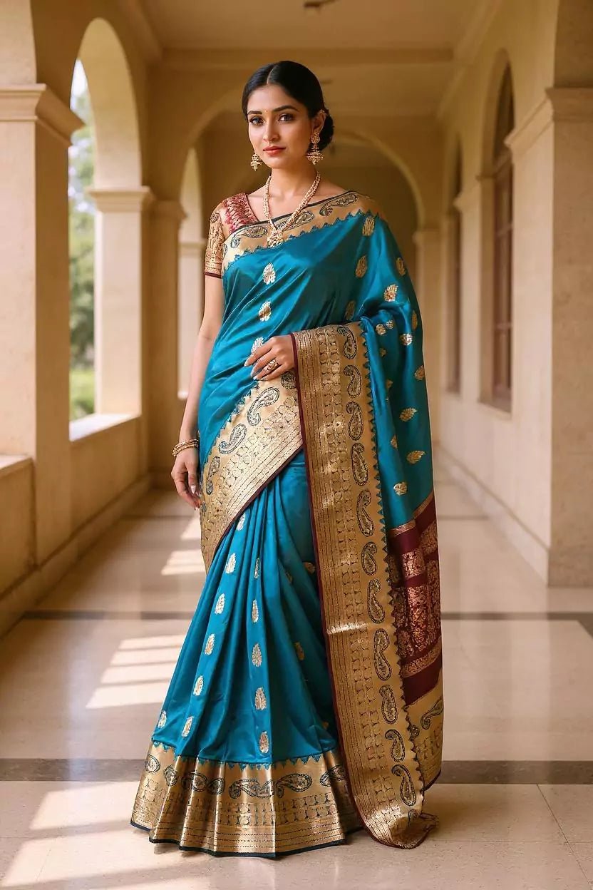 Image of Peacock Blue Floral Bunches Kanchi Soft Silk Saree - South India Shopping Mall