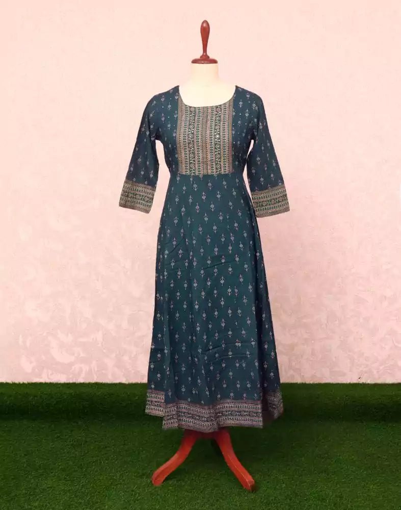 Image of Peacock Blue Floral Mirror work Cotton Silk Kurti - South India Shopping Mall